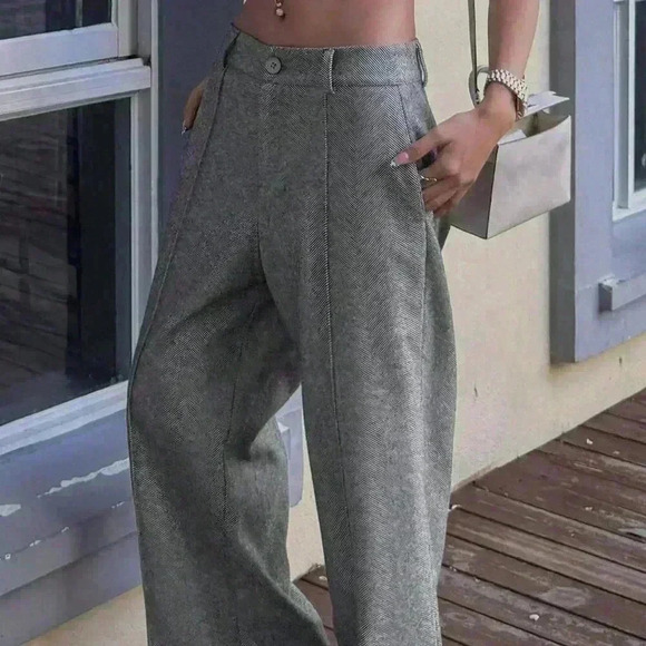 Grey Women's Straight Woolen Casual Pants Loose Trousers - Picture 7 of 7